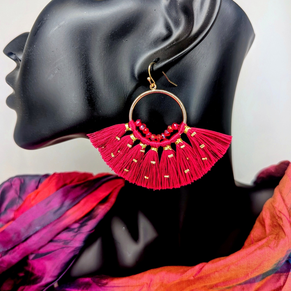 Chic Gold and Red Burgandy Holiday Tassel Earrings